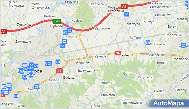 mapa Zawada gmina Dębica, Zawada gmina Dębica na mapie Targeo