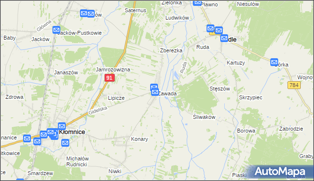 mapa Zawada gmina Kłomnice, Zawada gmina Kłomnice na mapie Targeo