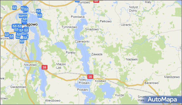 mapa Zawada gmina Mrągowo, Zawada gmina Mrągowo na mapie Targeo