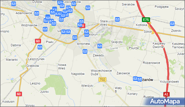 mapa Zawady gmina Krzyżanów, Zawady gmina Krzyżanów na mapie Targeo