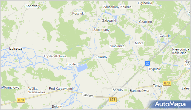 mapa Zawady gmina Turośń Kościelna, Zawady gmina Turośń Kościelna na mapie Targeo