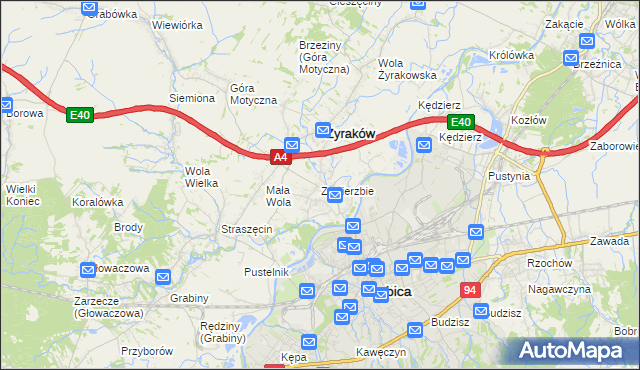 mapa Zawierzbie gmina Żyraków, Zawierzbie gmina Żyraków na mapie Targeo