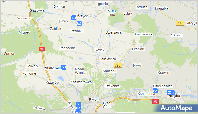 mapa Żelisławice gmina Siewierz, Żelisławice gmina Siewierz na mapie Targeo