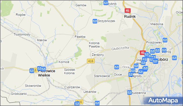 mapa Żerdziny gmina Pietrowice Wielkie, Żerdziny gmina Pietrowice Wielkie na mapie Targeo