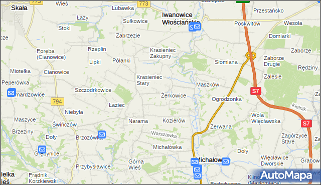 mapa Żerkowice gmina Iwanowice, Żerkowice gmina Iwanowice na mapie Targeo