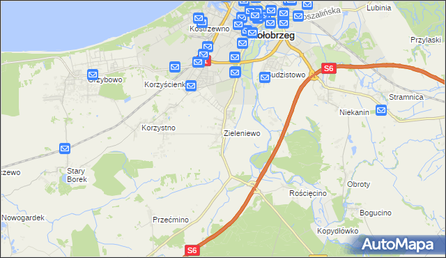 mapa Zieleniewo gmina Kołobrzeg, Zieleniewo gmina Kołobrzeg na mapie Targeo