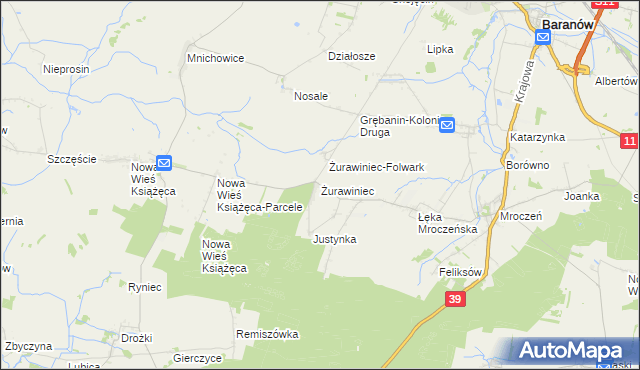 mapa Żurawiniec gmina Baranów, Żurawiniec gmina Baranów na mapie Targeo