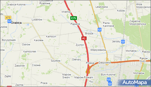 mapa Żychlin gmina Grabica, Żychlin gmina Grabica na mapie Targeo