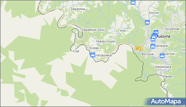 mapa Andrzejówka gmina Muszyna, Andrzejówka gmina Muszyna na mapie Targeo