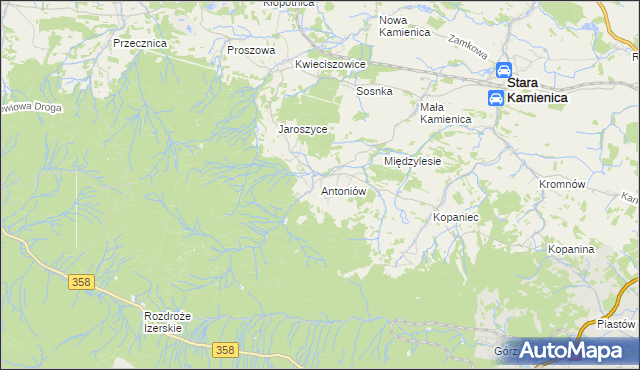 mapa Antoniów gmina Stara Kamienica, Antoniów gmina Stara Kamienica na mapie Targeo