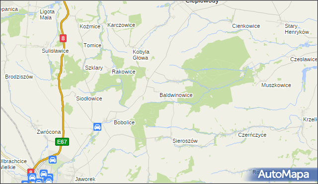 mapa Baldwinowice gmina Ciepłowody, Baldwinowice gmina Ciepłowody na mapie Targeo