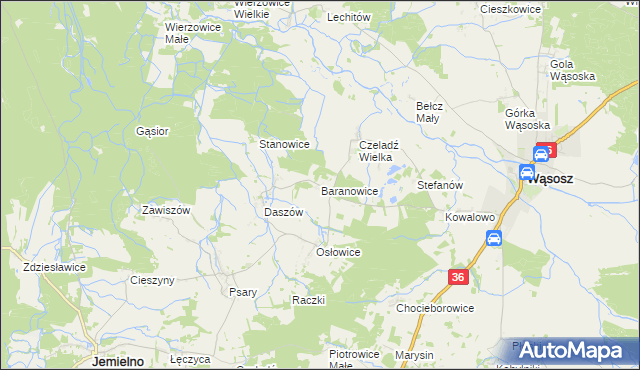 mapa Baranowice gmina Wąsosz, Baranowice gmina Wąsosz na mapie Targeo