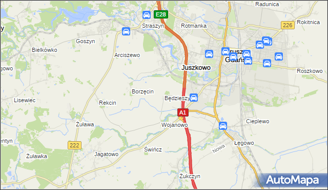 mapa Będzieszyn gmina Pruszcz Gdański, Będzieszyn gmina Pruszcz Gdański na mapie Targeo