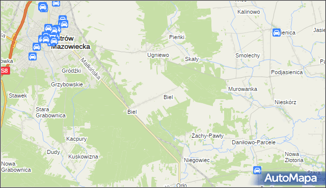 mapa Biel gmina Ostrów Mazowiecka, Biel gmina Ostrów Mazowiecka na mapie Targeo
