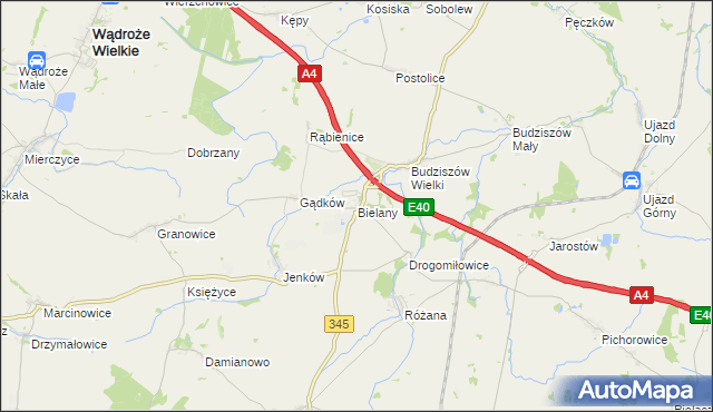 mapa Bielany gmina Wądroże Wielkie, Bielany gmina Wądroże Wielkie na mapie Targeo