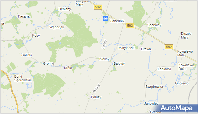 mapa Bieliny gmina Bartoszyce, Bieliny gmina Bartoszyce na mapie Targeo