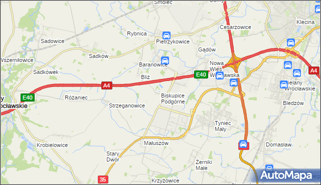 mapa Biskupice Podgórne, Biskupice Podgórne na mapie Targeo