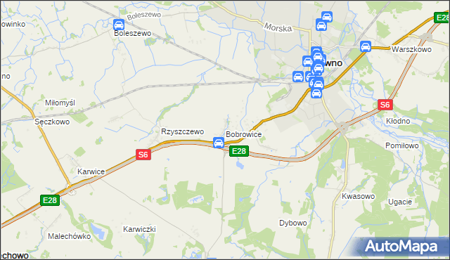 mapa Bobrowice gmina Sławno, Bobrowice gmina Sławno na mapie Targeo