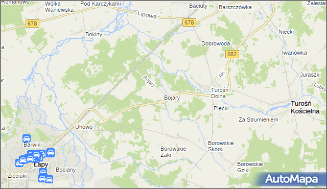 mapa Bojary gmina Turośń Kościelna, Bojary gmina Turośń Kościelna na mapie Targeo