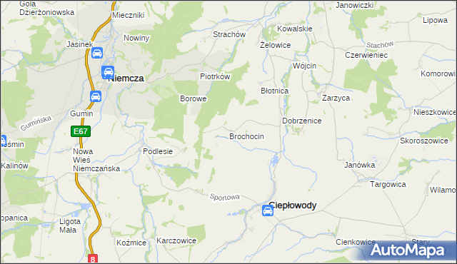 mapa Brochocin gmina Ciepłowody, Brochocin gmina Ciepłowody na mapie Targeo