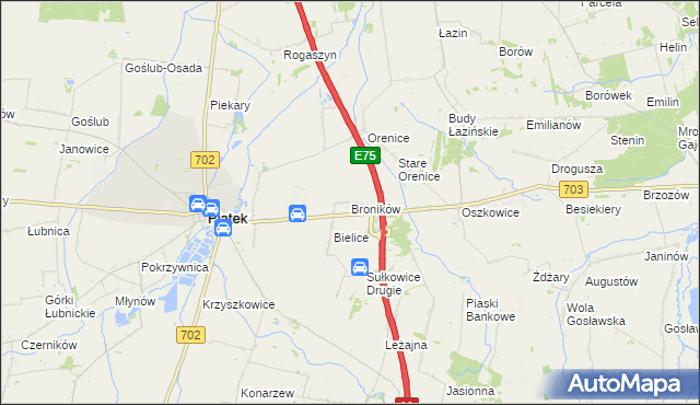 mapa Broników gmina Piątek, Broników gmina Piątek na mapie Targeo