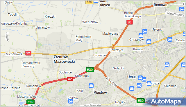 mapa Bronisze gmina Ożarów Mazowiecki, Bronisze gmina Ożarów Mazowiecki na mapie Targeo