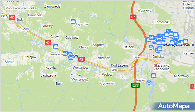 mapa Brzeście gmina Bliżyn, Brzeście gmina Bliżyn na mapie Targeo