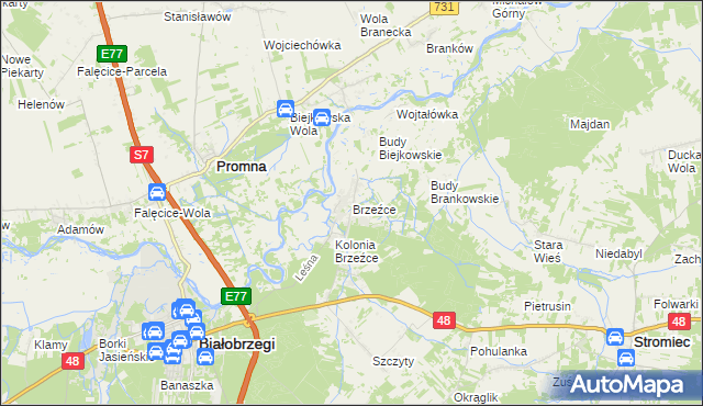 mapa Brzeźce gmina Białobrzegi, Brzeźce gmina Białobrzegi na mapie Targeo