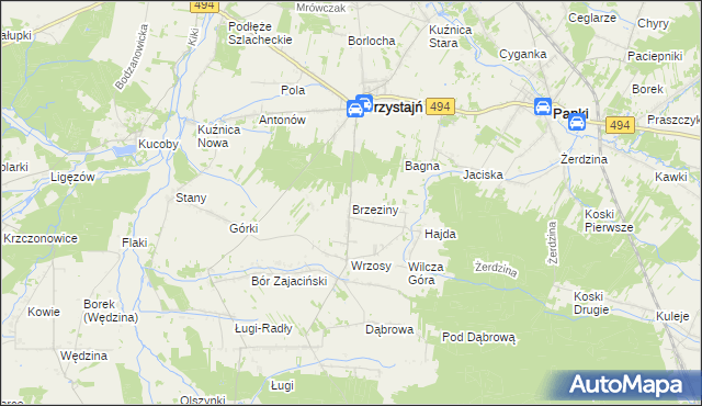 mapa Brzeziny gmina Przystajń, Brzeziny gmina Przystajń na mapie Targeo