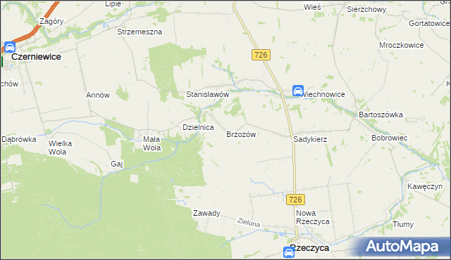 mapa Brzozów gmina Rzeczyca, Brzozów gmina Rzeczyca na mapie Targeo