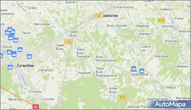 mapa Budy Michałowskie gmina Jaktorów, Budy Michałowskie gmina Jaktorów na mapie Targeo