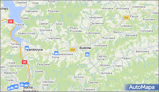 mapa Budzów powiat suski, Budzów powiat suski na mapie Targeo