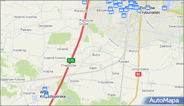 mapa Bujny gmina Wola Krzysztoporska, Bujny gmina Wola Krzysztoporska na mapie Targeo