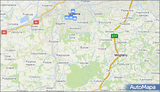 mapa Buków gmina Mogilany, Buków gmina Mogilany na mapie Targeo