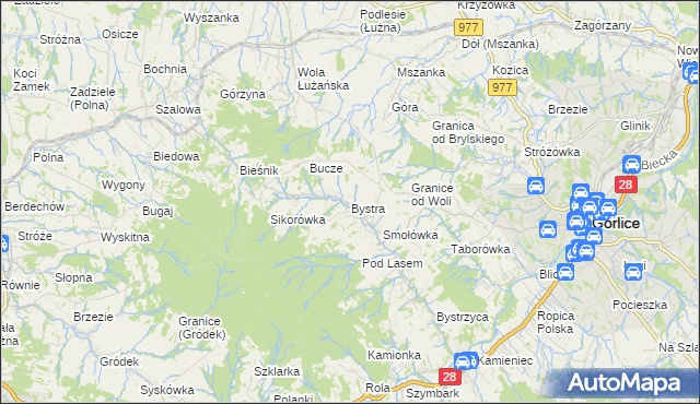 mapa Bystra gmina Gorlice, Bystra gmina Gorlice na mapie Targeo