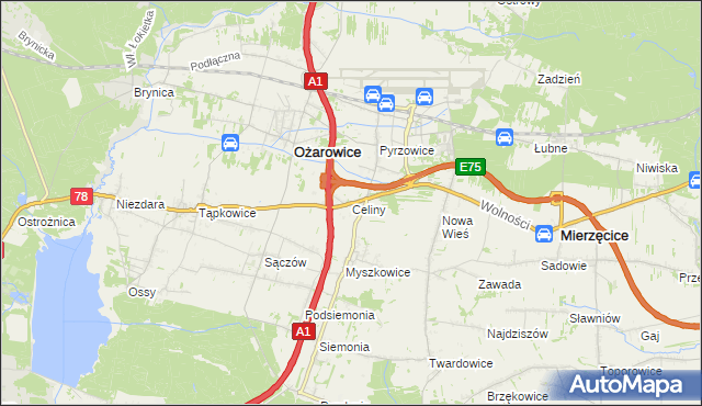 mapa Celiny gmina Ożarowice, Celiny gmina Ożarowice na mapie Targeo