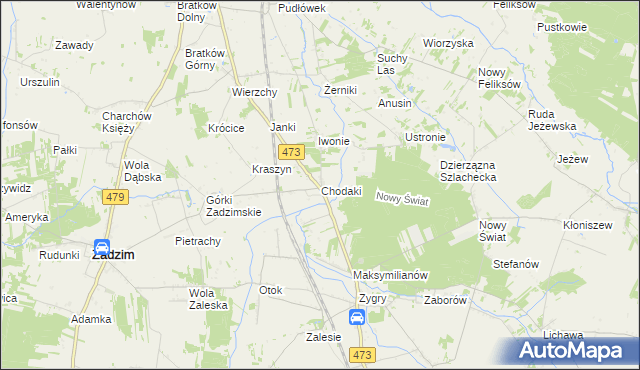 mapa Chodaki gmina Zadzim, Chodaki gmina Zadzim na mapie Targeo
