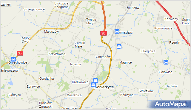 mapa Chrzanów gmina Kobierzyce, Chrzanów gmina Kobierzyce na mapie Targeo