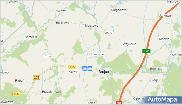 mapa Cieszyce gmina Brojce, Cieszyce gmina Brojce na mapie Targeo