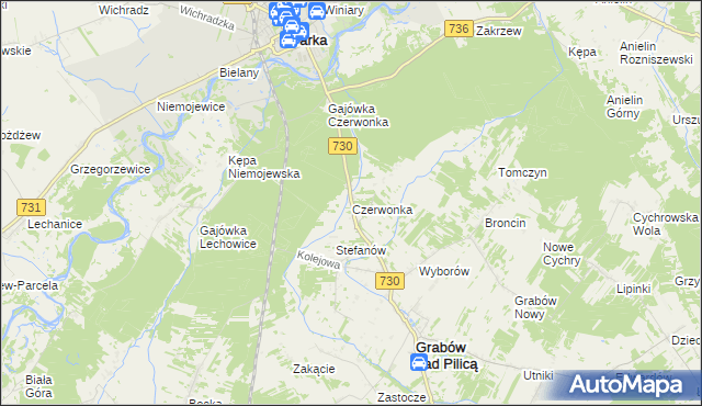 mapa Czerwonka gmina Grabów nad Pilicą, Czerwonka gmina Grabów nad Pilicą na mapie Targeo