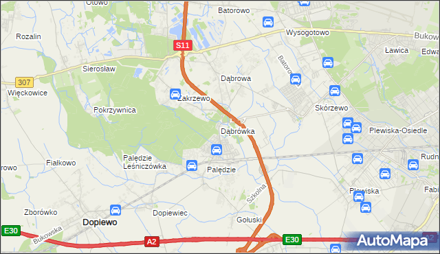 mapa Dąbrówka gmina Dopiewo, Dąbrówka gmina Dopiewo na mapie Targeo