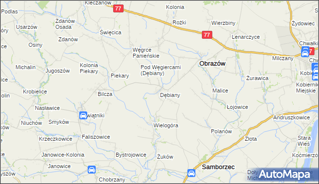 mapa Dębiany gmina Obrazów, Dębiany gmina Obrazów na mapie Targeo