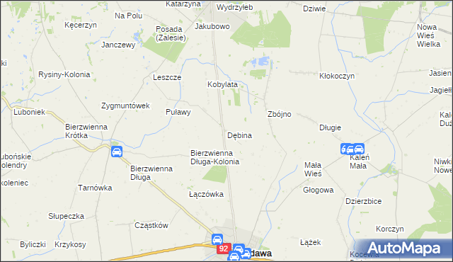 mapa Dębina gmina Kłodawa, Dębina gmina Kłodawa na mapie Targeo