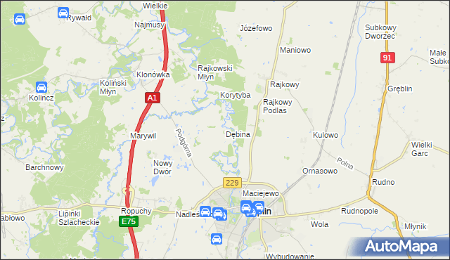 mapa Dębina gmina Pelplin, Dębina gmina Pelplin na mapie Targeo