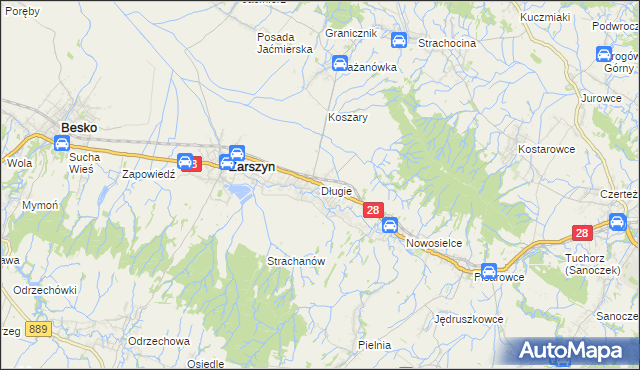 mapa Długie gmina Zarszyn, Długie gmina Zarszyn na mapie Targeo