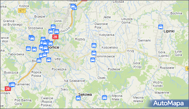 mapa Dominikowice gmina Gorlice, Dominikowice gmina Gorlice na mapie Targeo