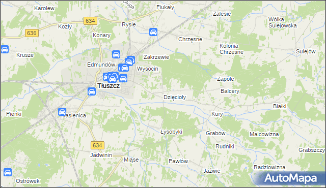 mapa Dzięcioły gmina Tłuszcz, Dzięcioły gmina Tłuszcz na mapie Targeo