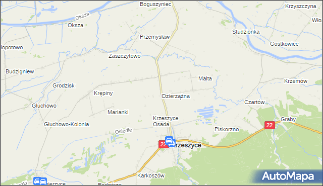 mapa Dzierzążna gmina Krzeszyce, Dzierzążna gmina Krzeszyce na mapie Targeo