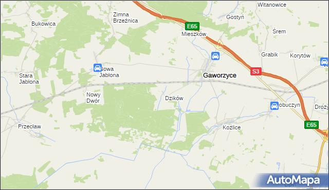 mapa Dzików gmina Gaworzyce, Dzików gmina Gaworzyce na mapie Targeo