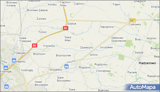 mapa Dźwierzno gmina Radzanowo, Dźwierzno gmina Radzanowo na mapie Targeo